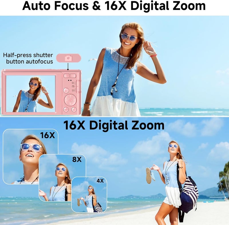 ceye Digital Camera, FHD 4K 44MP Digital Camera for Photography, 16X Digital Zoom, Digital Point and Shoot Camera with 3-LED Fill Lights, 64GB SD Card, Compact Camera for Kids Teen Boys Girls, Pink - Image 5